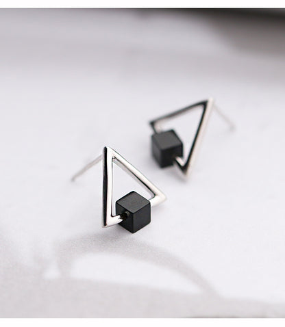 925 Silver Geometric Triangle Black Earring