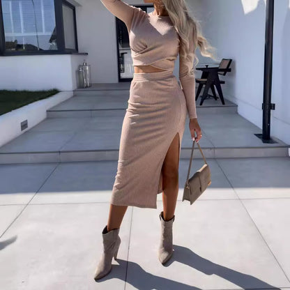 Elegant Knitted Long Sleeve Dress With Slit