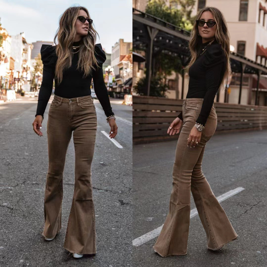 Comfy Mid-waist Stretch Flared Pants Corduroy