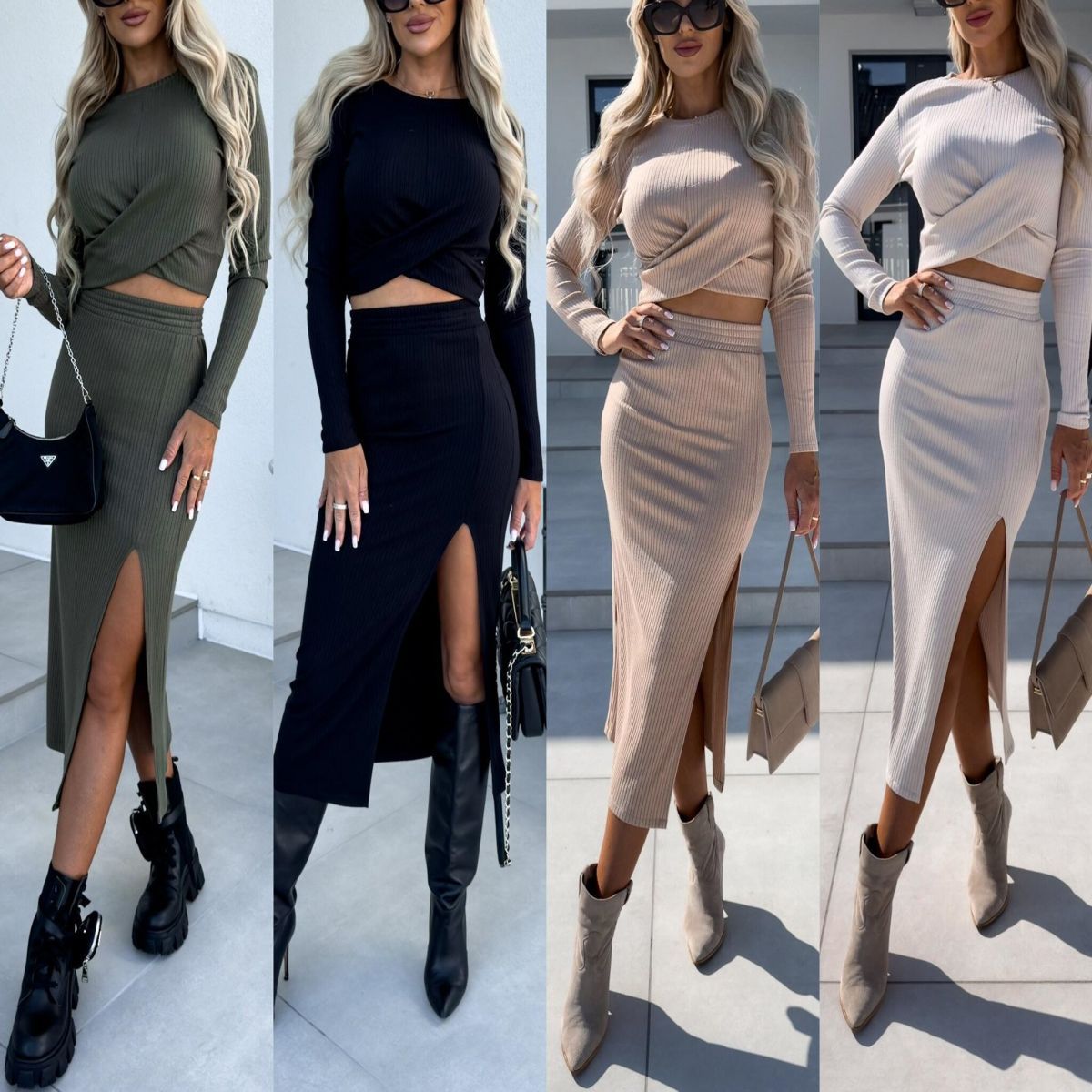 Elegant Knitted Long Sleeve Dress With Slit