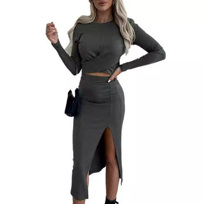 Elegant Knitted Long Sleeve Dress With Slit